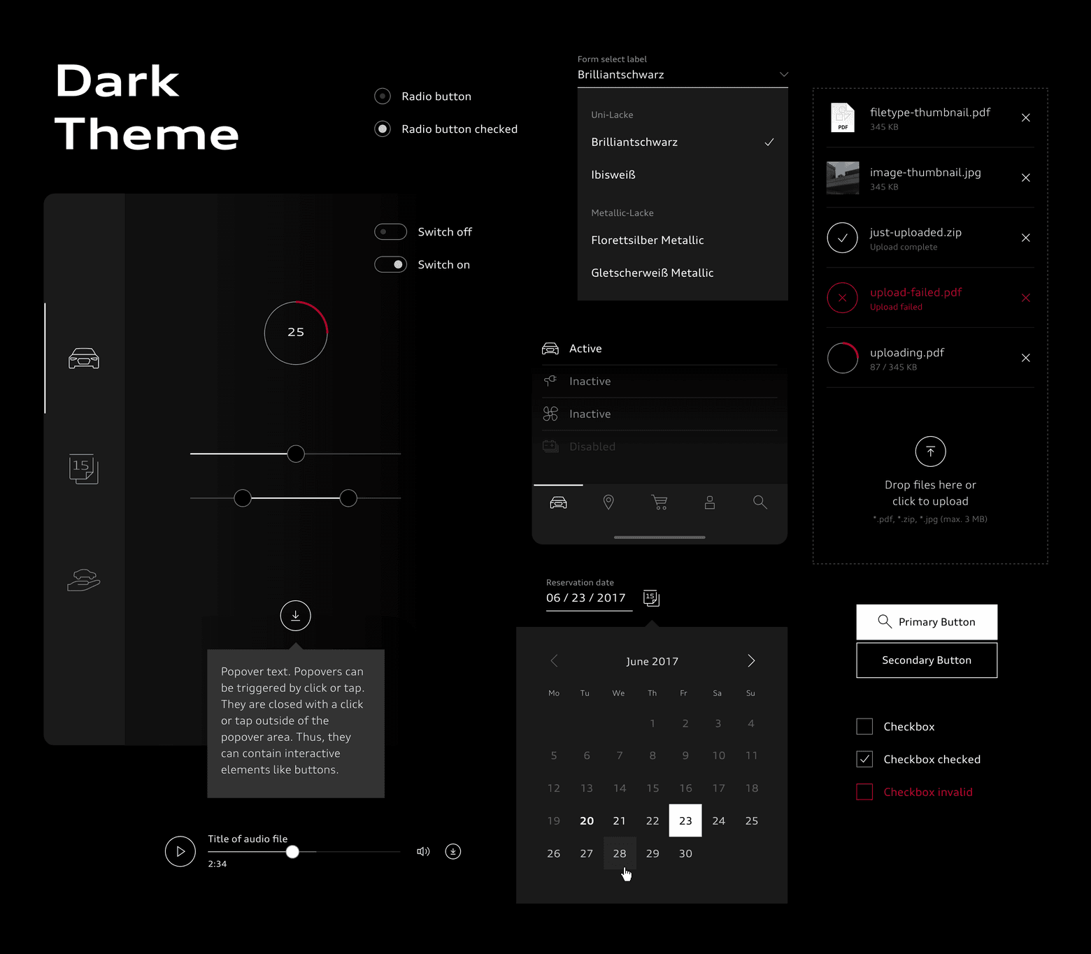 Audi interface components in dark theme.