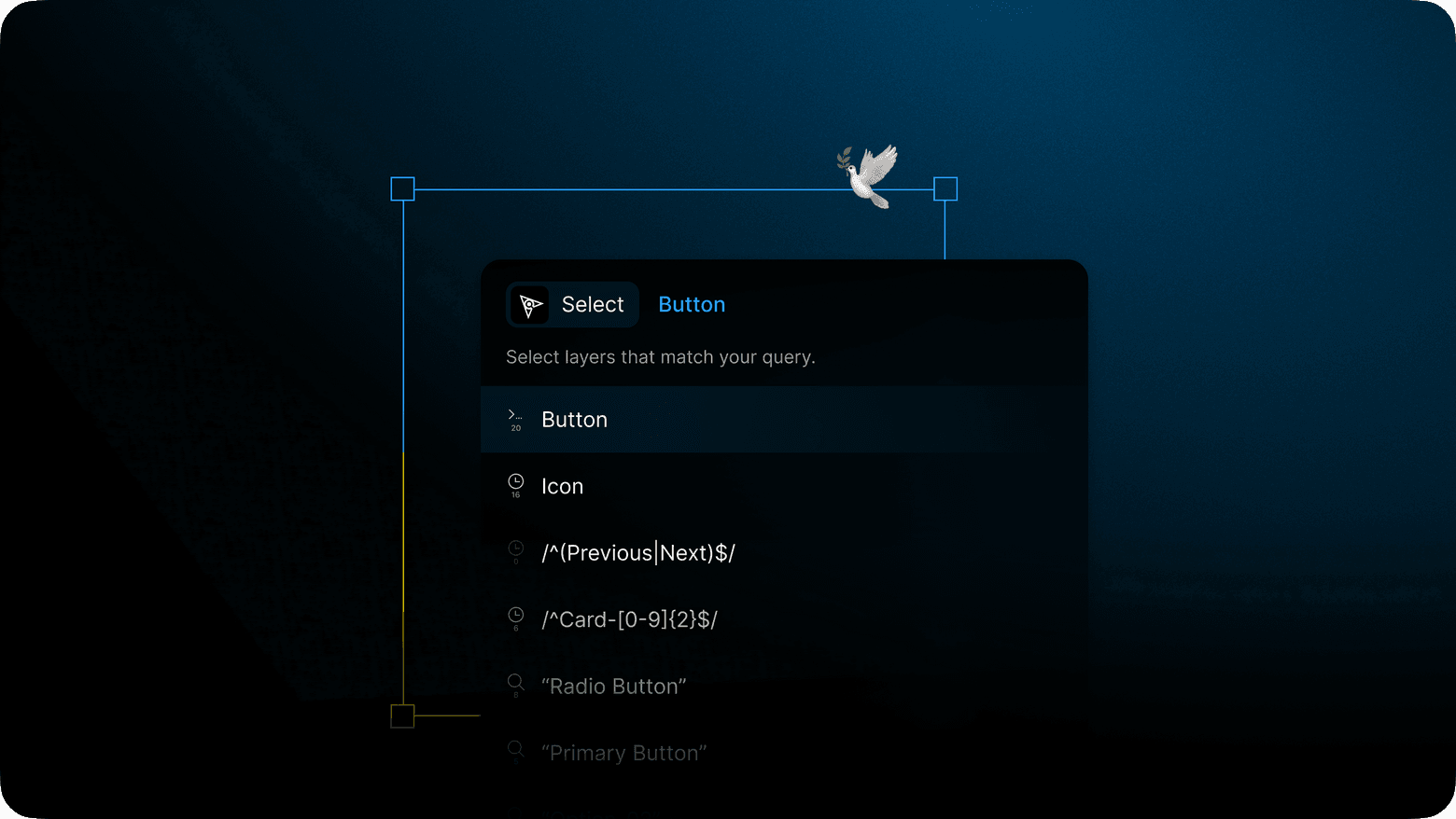 Visualization of the Figma quick action bar interface with the Select by Name plugin running.